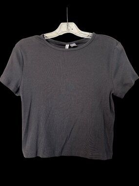 H&M Divided Gray Basic Short Sleeve Ribbed Crop Top Tee Size L Large NWT